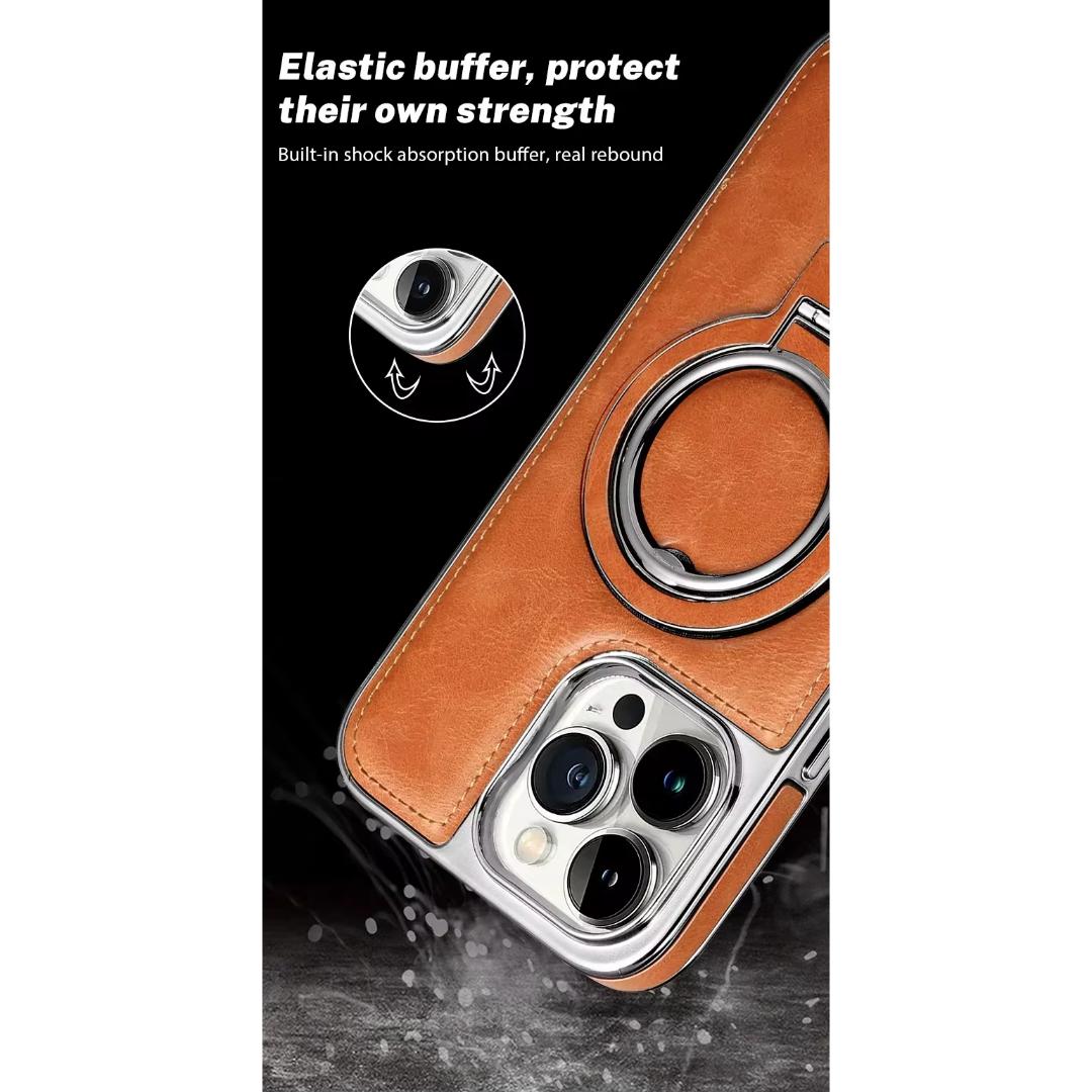 Premium PU Leather MagSafe Case with Kickstand Ring Holder for iPhone